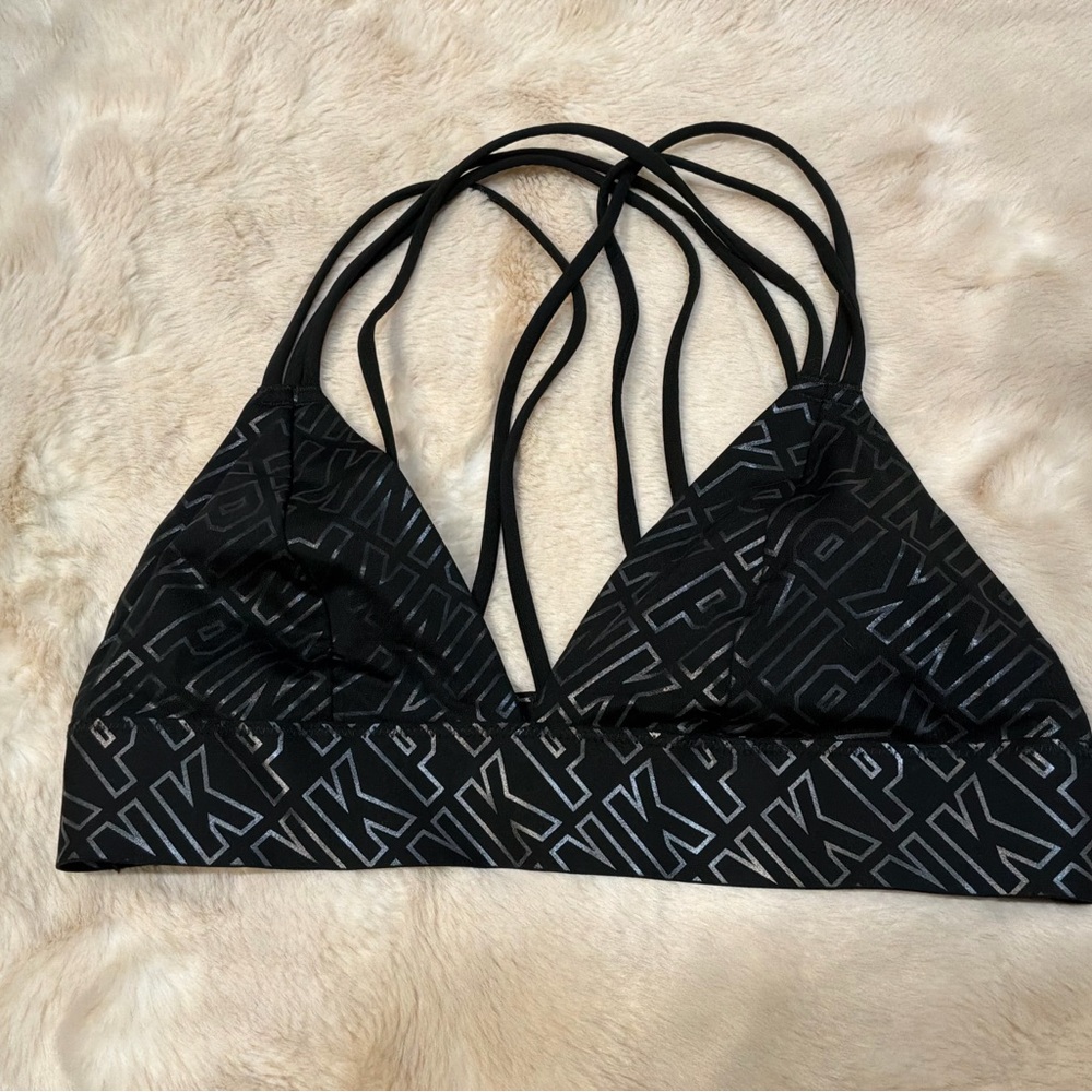 Victoria’s Secret PINK Bonded Strappy Bralette — Black Logo Print — Size S